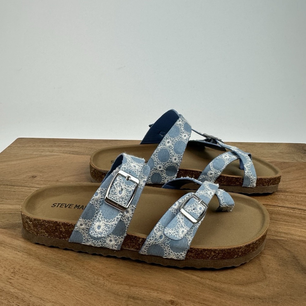 New Little Kids Girls Steve Madden Beached Denim Strappy Slides Sandals Size 13